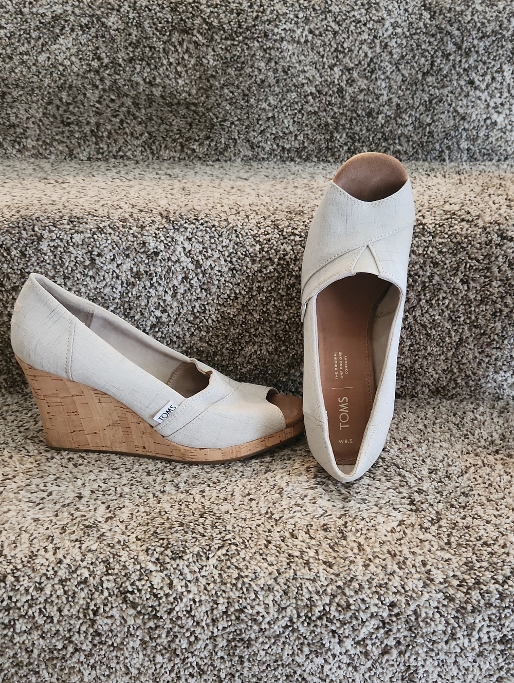 TOMS Canvas Cork Wedge Peep-Toe Heels Oyster Color